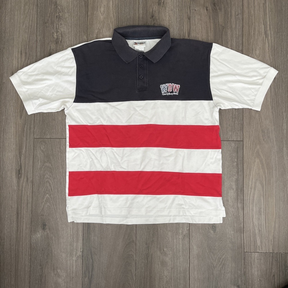 Walt Disney World WDW Red White Blue Stars Stripes Polo Shirt Short Sleeve Men L - Picture 1 of 7
